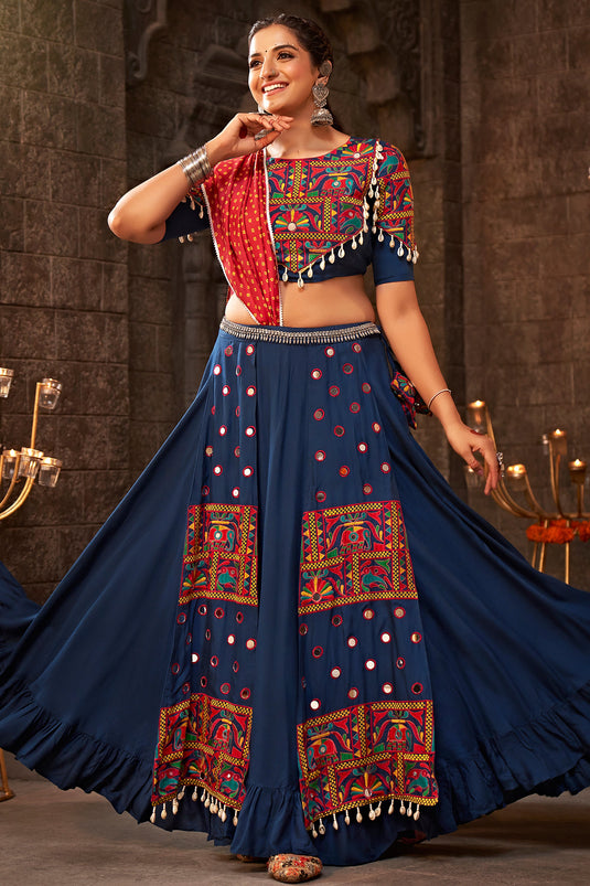 Navratri Special Engaging Blue Color Viscose Rayon Fabric Embroidered Work Chaniya Choli
