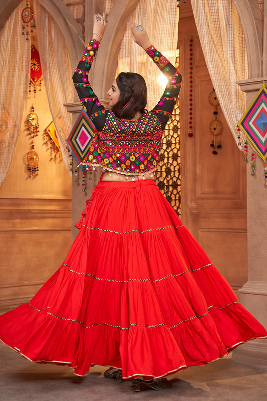 Navratri Special Embroidered Work On Red Color Embellished Viscose Rayon Fabric Lehenga Choli