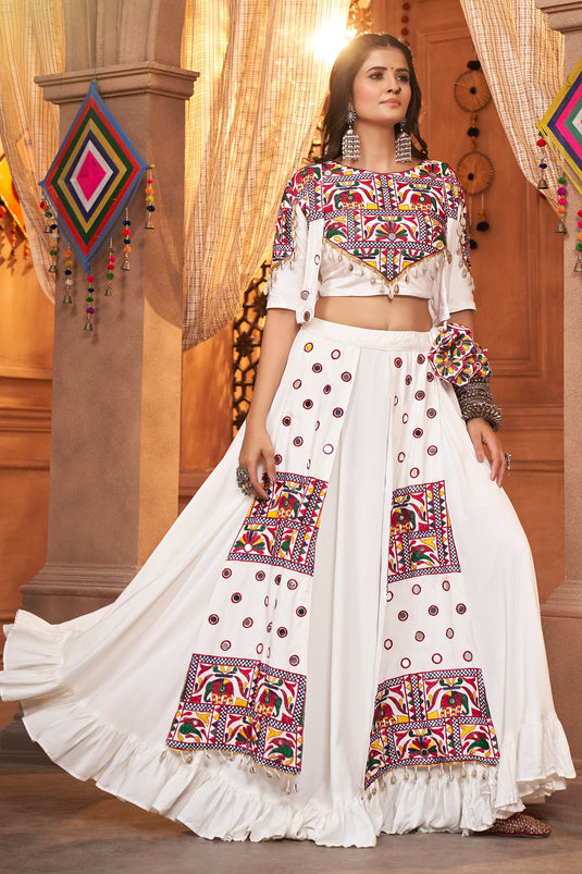 Navratri Special Embroidered Work On Viscose Rayon Fabric White Color Awesome Lehenga Choli