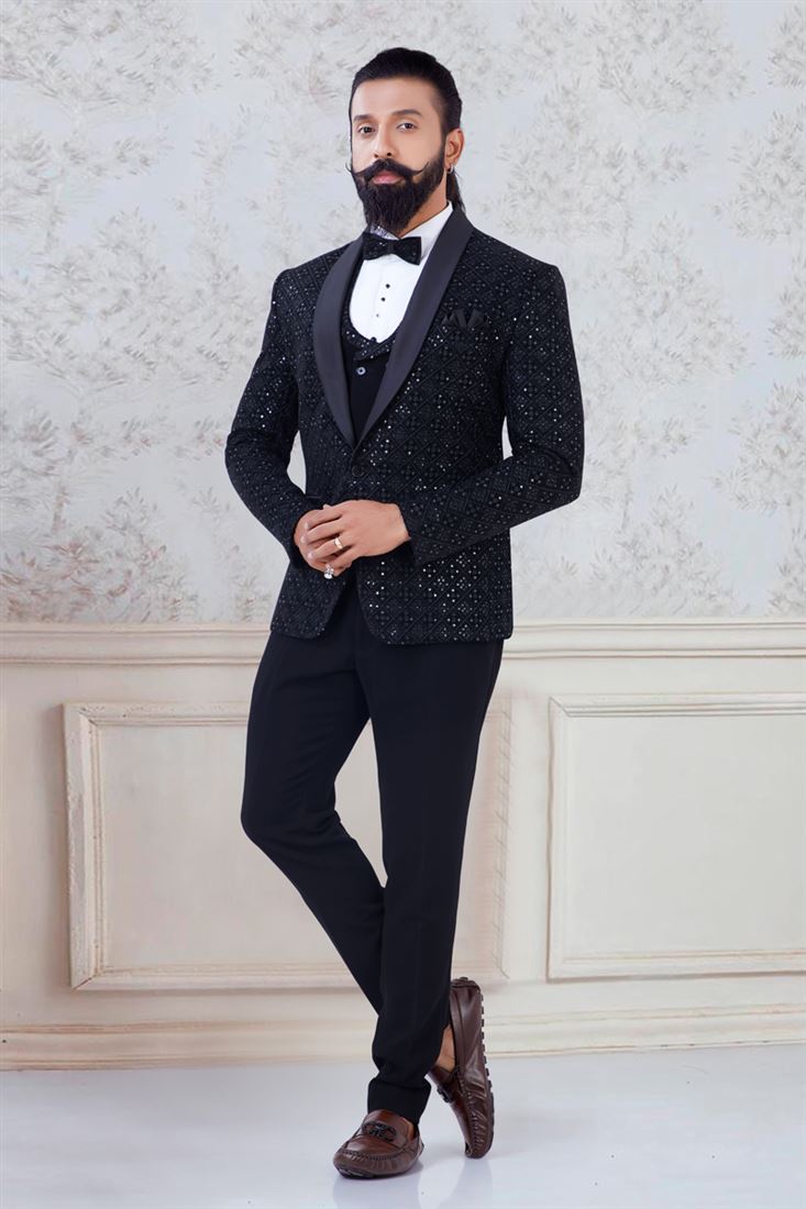 Gorgeous Black Self Design Slim Fit Tuxedo Party Suit For Men Sarees Bazaar Gorgeous Black Self Design Slim Fit Tuxedo Party Suit For Men Sarees Bazaar