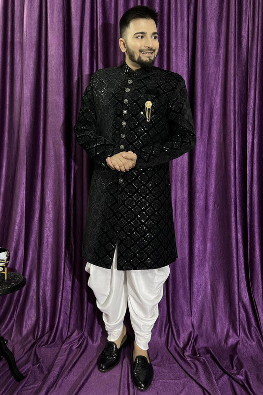 Black Color Velvet Fabric Wedding Wear Readymade Men Peshawari Style Indo Western