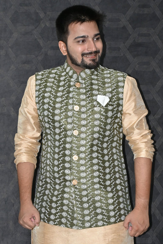 Art Silk Fabric Festive Wear Readymade Men Stylish Olive Color Jacket