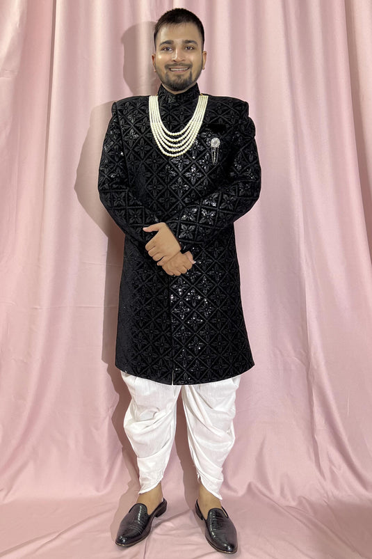 Velvet Fabric Heavy Embroidered Black Color Wedding Wear Designer Readymade Indo Western For Men