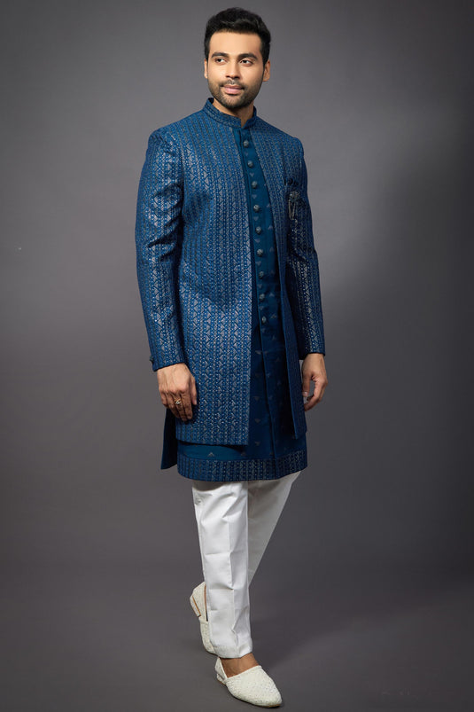 Teal Color Wedding Wear Silk Fabric Readymade Stylish Indo Western For Men