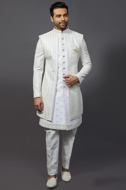 Off White Gorgeous Silk Fabric Wedding Wear Readymade Indo Western For Men