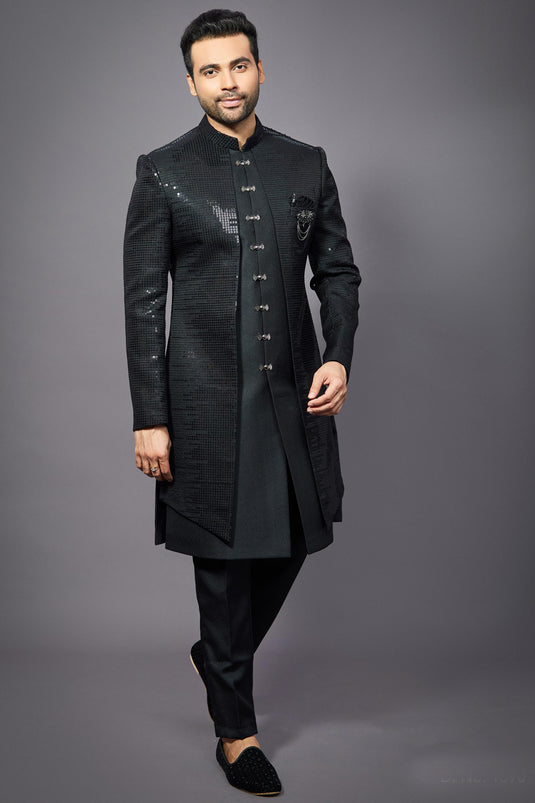 Beautiful Black Color Wedding Wear Readymade Indo Western For Men In Silk Fabric