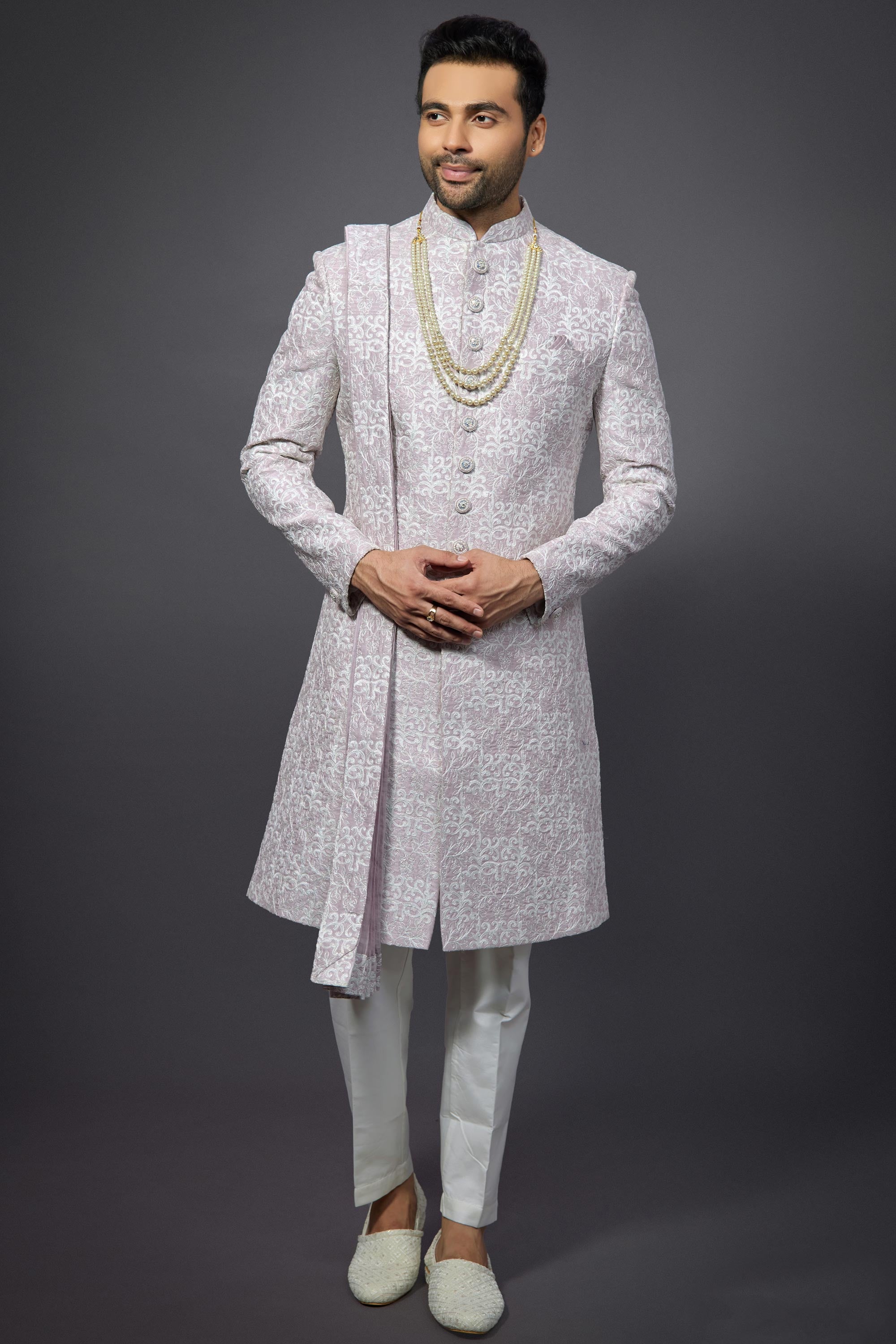 Lavender Silk Fabric Graceful Readymade Men Groom Sherwani For Wedding