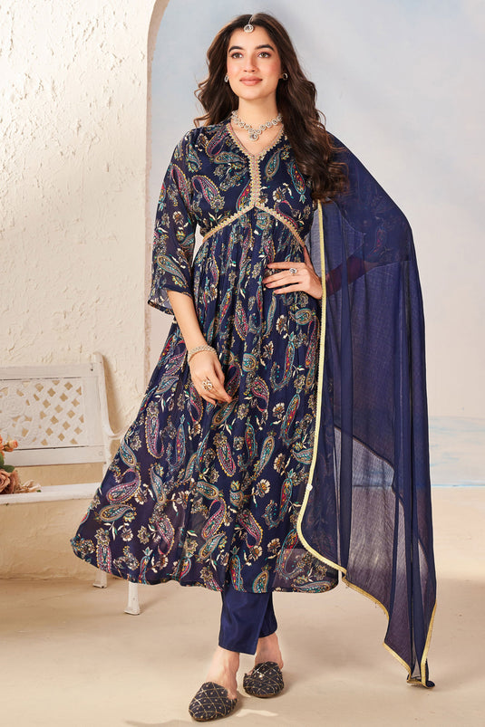 Navy Blue Color Printed Readymade Anarkali Salwar Kameez In Chinon Fabric