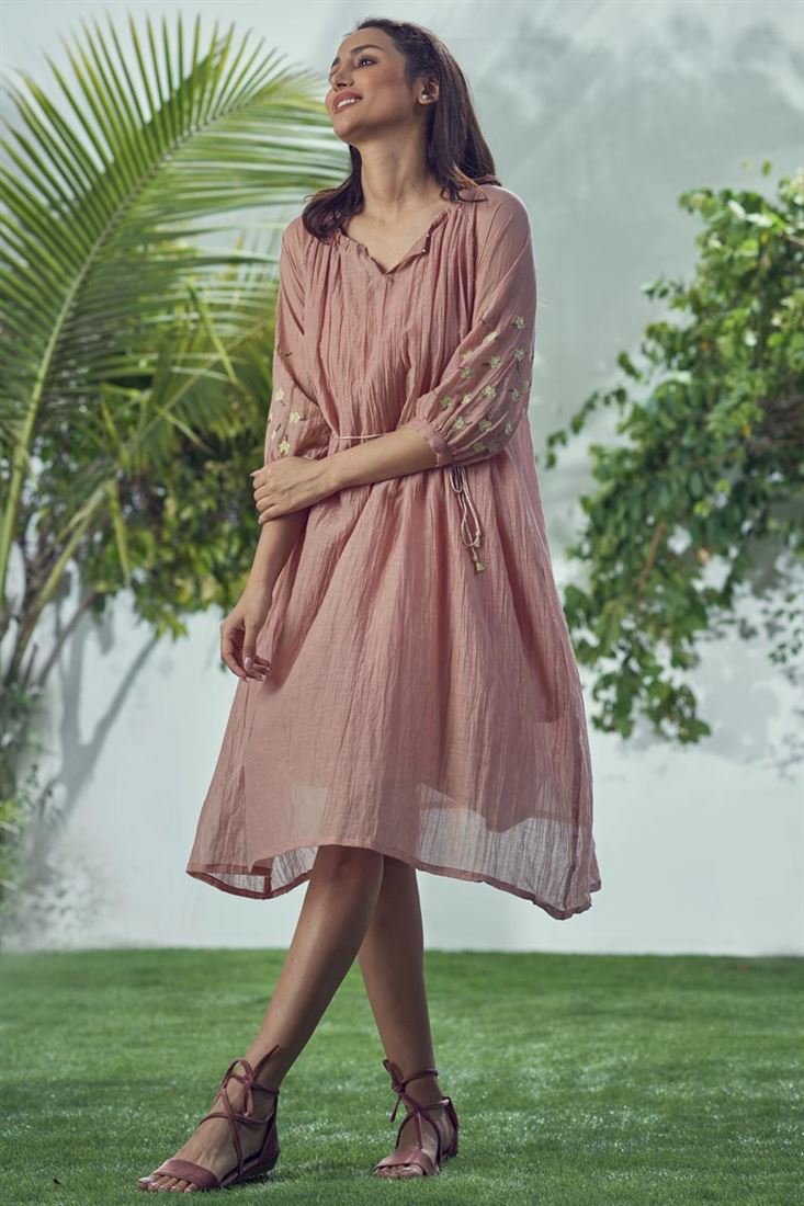 mal pink dress fleur du mal Deep Plunge High Slit Slip Dress in Wild Pink