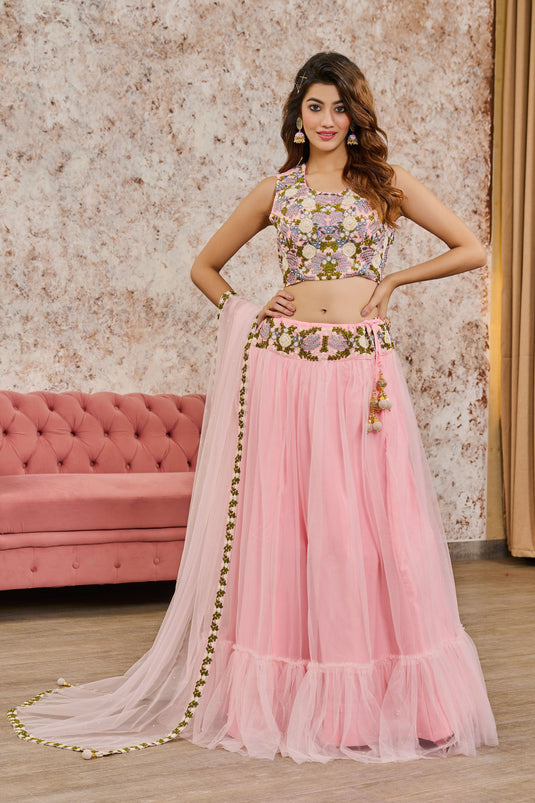 Classic Sequins Work On Peach Color Readymade Lehenga In Net Fabric