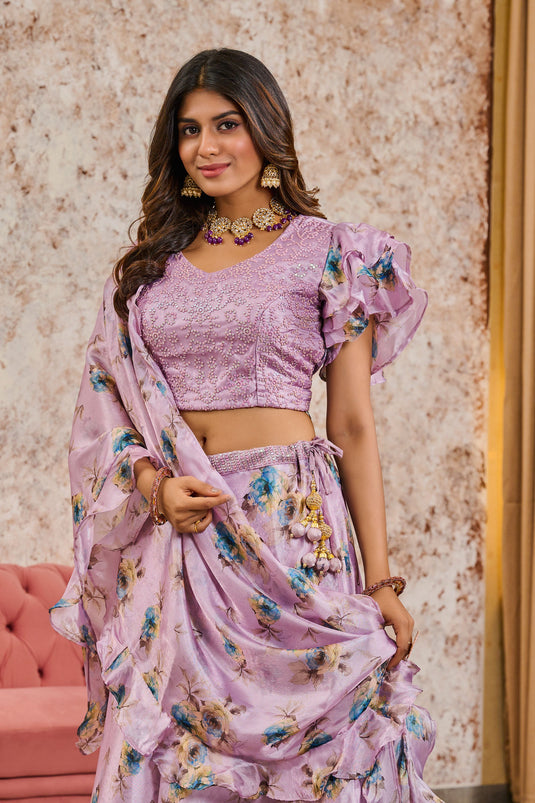 Creative Sequins Work On Readymade Lehenga In Lavender Color Tissue Fabric