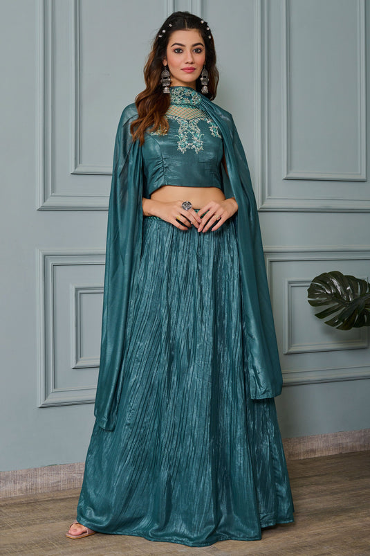 Marvellous Sequins Work On Art Silk Fabric Readymade Lehenga In Teal Color