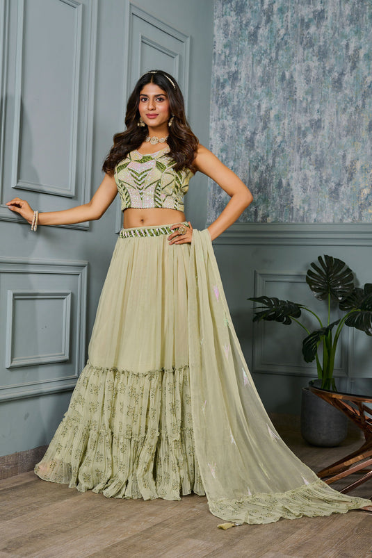 Solid Georgette Fabric Sequins Work On Readymade Lehenga In Sea Green Color