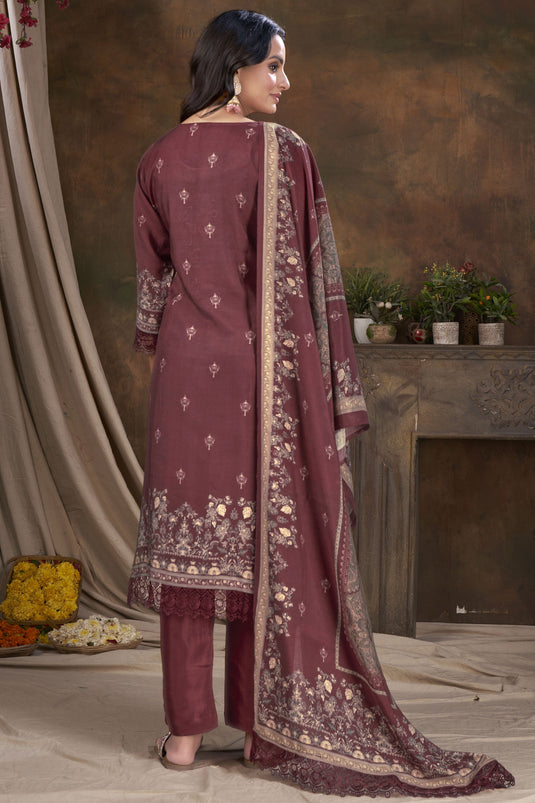 Dazzling Digital Printed Work Wine Color Salwar Suit In Muslin Fabric
