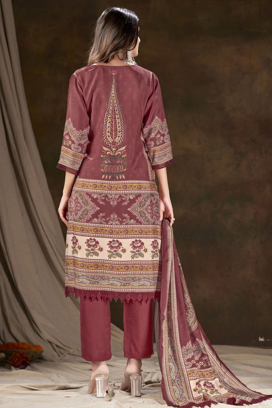 Mesmeric Maroon Color Digital Printed Work On Salwar Suit In Muslin Fabric