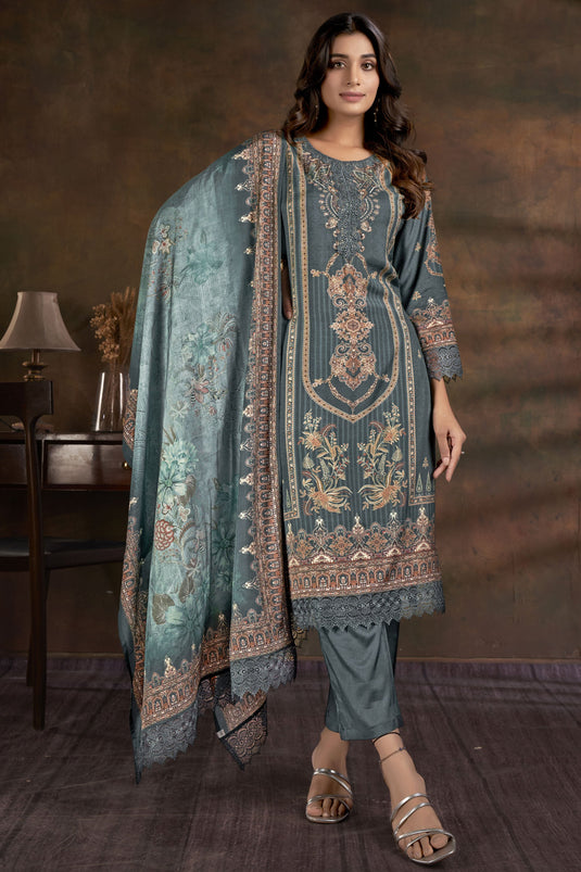 Excellent Muslin Fabric Green Color Salwar Suit With Digital Printed Work