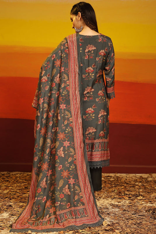 Beguiling Digital Printed Work On Dark Grey Color Muslin Fabric Salwar Suit