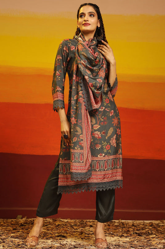 Beguiling Digital Printed Work On Dark Grey Color Muslin Fabric Salwar Suit
