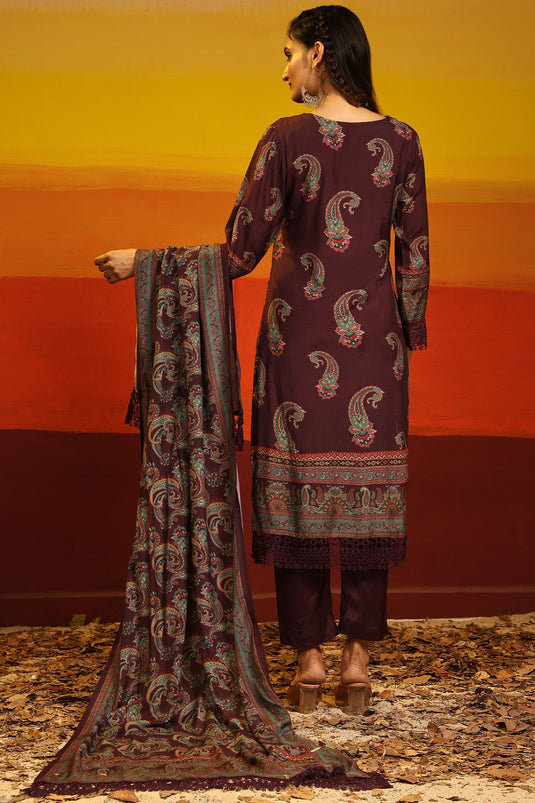 Incredible Digital Printed Work On Muslin Fabric Wine Color Salwar Suit