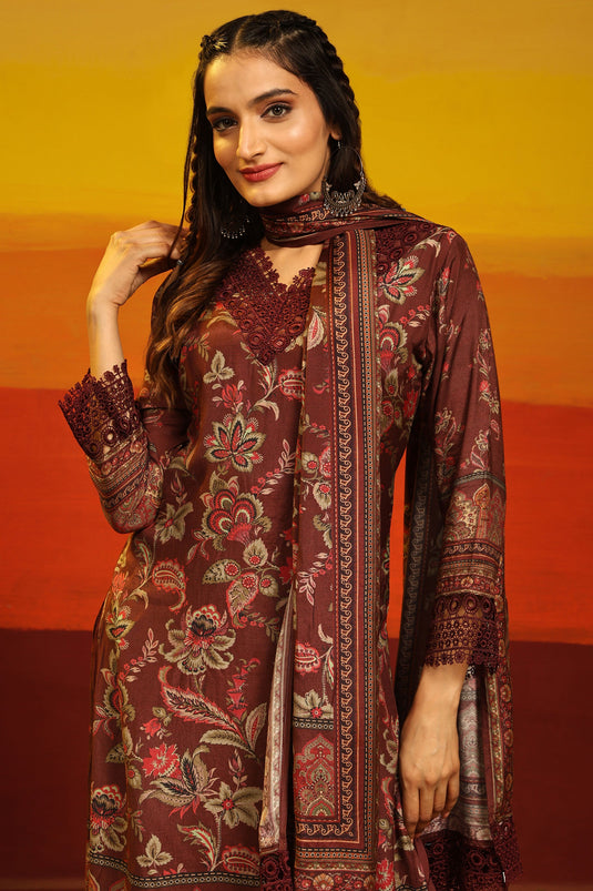 Tempting Muslin Fabric Maroon Color Salwar Suit With Digital Printed Work