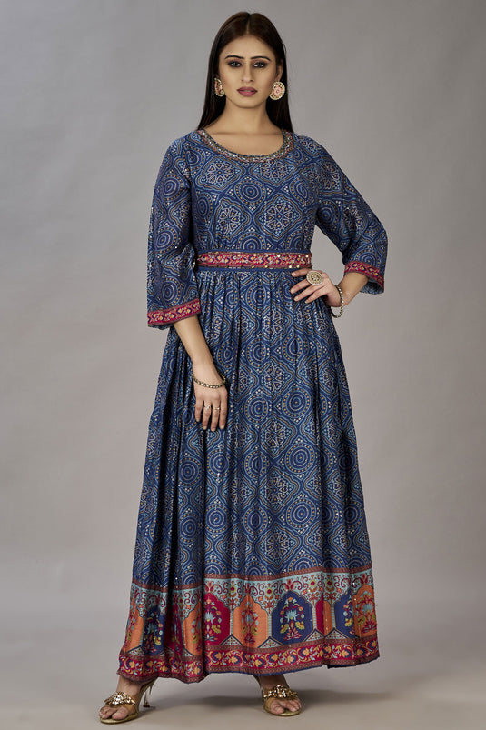 Traditional Navy Blue Color Art silk Fabric Embroidered Readymade Gown