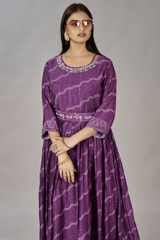 Stylish Embroidered Art silk Fabric Purple Color Readymade Gown For Party