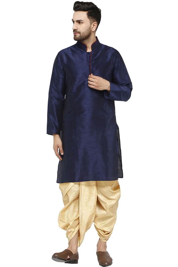 Navy Blue Kurta Dhoti Dhupion Silk