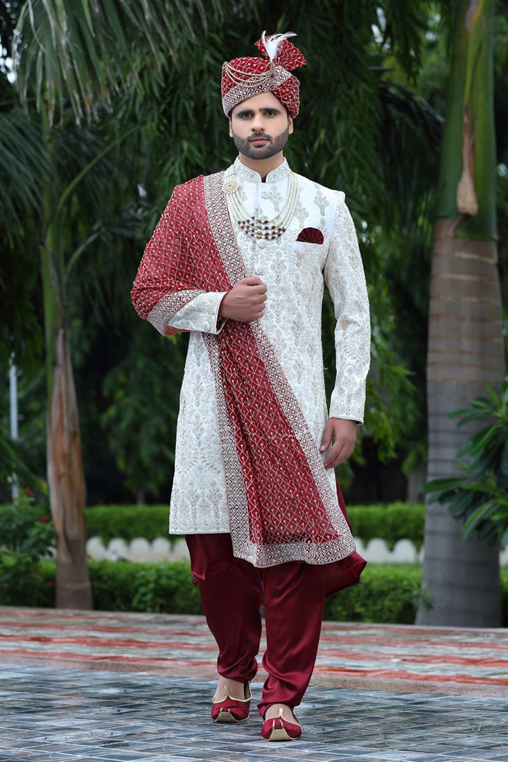 White Gorgeous Silk Fabric Wedding Wear Readymade Groom Sherwani