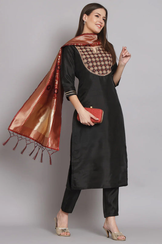 Art Silk Fabric Black Color Embroidered Readymade Designer Salwar Kameez With Banarasi Silk Dupatta