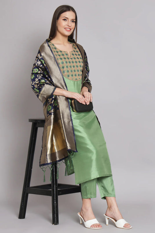 Sea Green Color Embroidered Art Silk Fabric Readymade Designer Salwar Suit With Banarasi Silk Dupatta