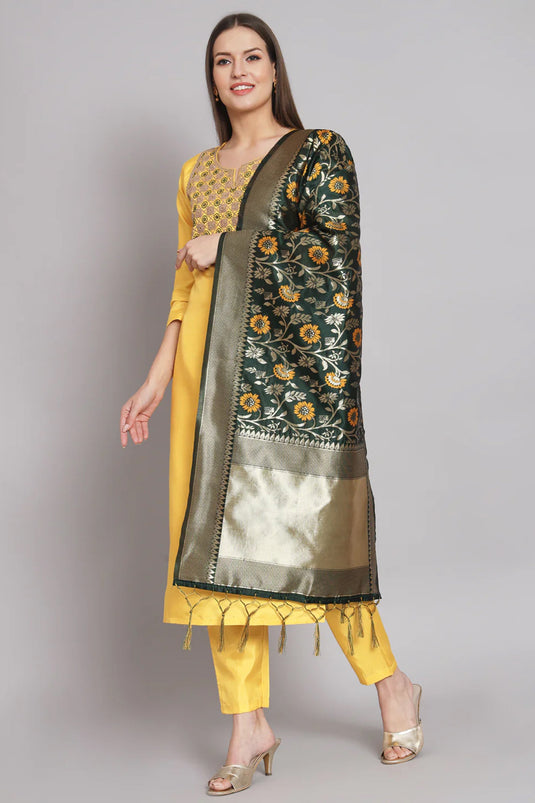 Embroidered Yellow Color Art Silk Fabric Readymade Designer Suit With Banarasi Silk Dupatta