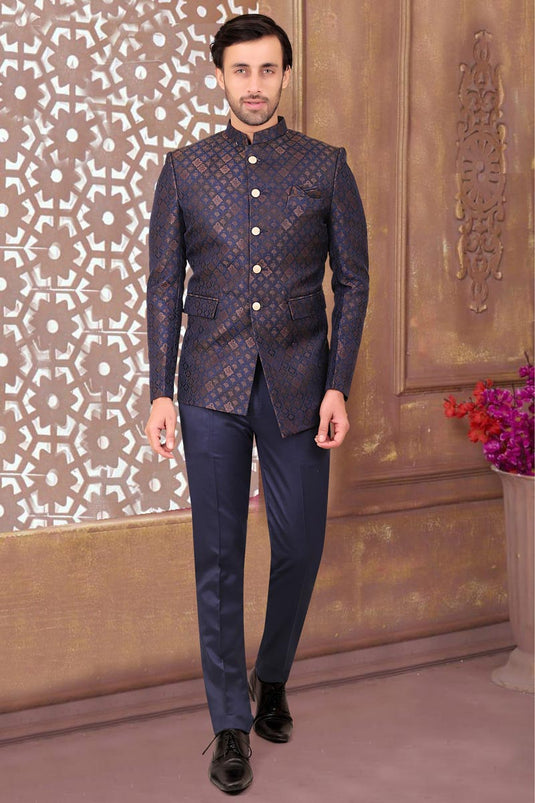 Reception Wear Navy Blue Color Fancy Rayon Fabric Readymade Jodhpuri For Men