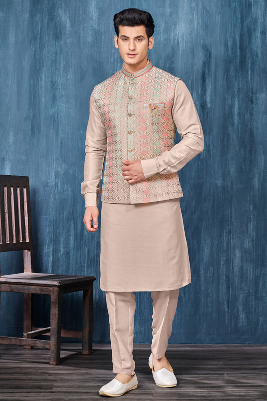 Banarasi Silk Fabric Embroidery Work Beige Color Festive Wear Readymade Men Stylish Kurta Pyjama With Jacket