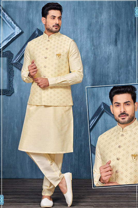 Banarasi Silk Yellow Color Wedding Wear Embroidery Work Readymade Designer Men Kurta Pyjama With Jacket