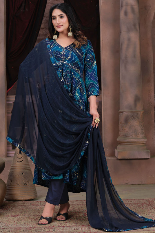Rayon Fabric Printed Function Wear Anarkali Salwar Kameez In Blue Color