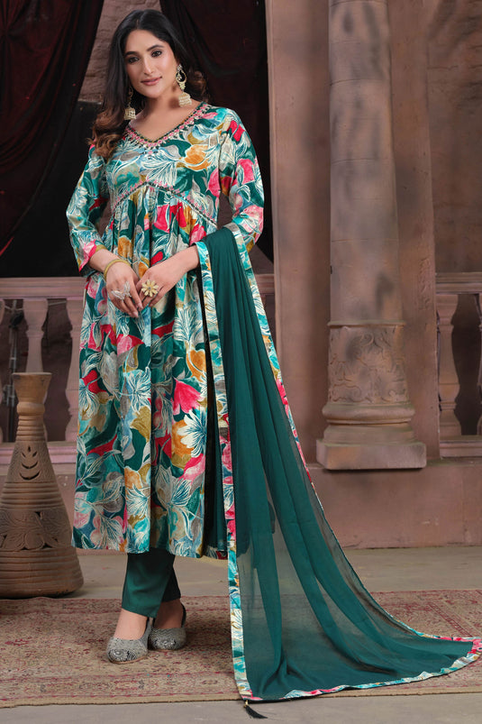 Teal Color Printed Anarkali Suit In Rayon Fabric