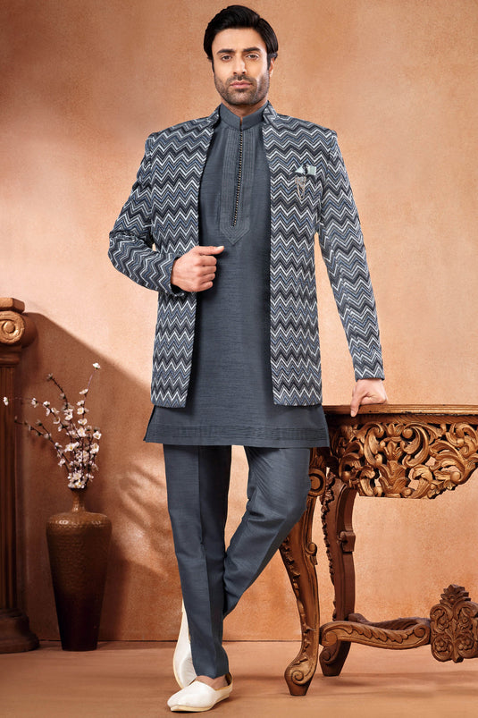 Banarasi Silk Beautiful Embroidery Work Grey Color Wedding Wear Readymade Indo Western Jodhpuri Suit For Men