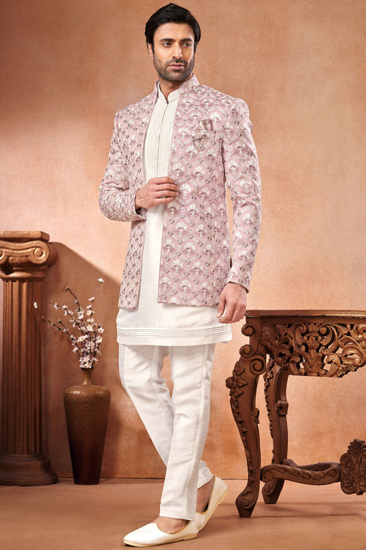 Embroidery Work Pink Banarasi Silk Graceful Readymade Men Indo Western Jodhpuri Suit