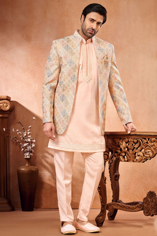 Banarasi Silk Fabric Embroidery Work Wedding Wear Readymade Peach Color Indo Western Jodhpuri Suit For Men