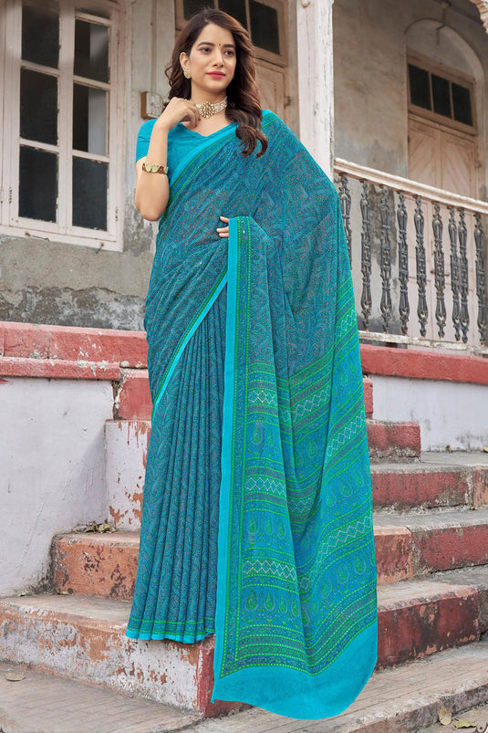 Casual Classic Abstract Chiffon Fabric Printed Saree In Blue Color