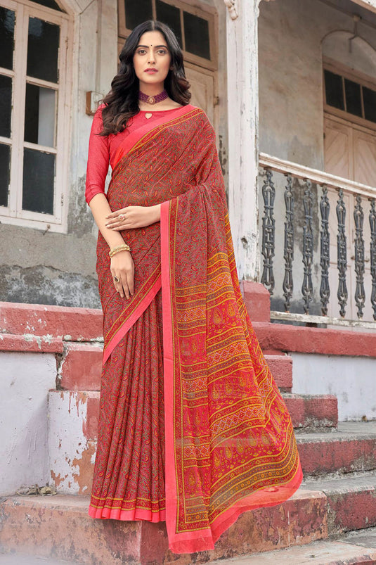 Red Color Casual Vintage Abstract Printed Saree In Chiffon Fabric