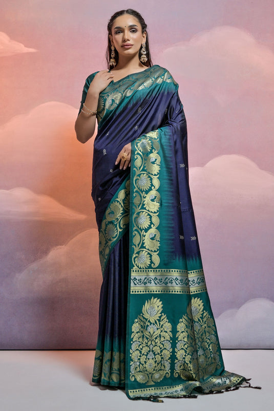 Navy Blue Art Silk Fabric Fancy Weaving Work Saree