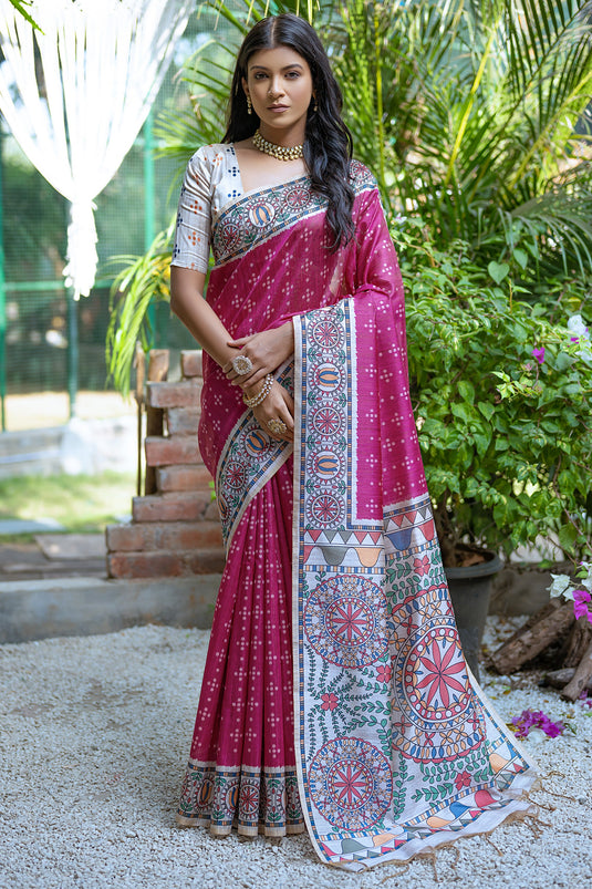 Delightful Rani Color Printed Soft Tussar Silk Casual Saree