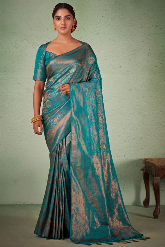 Cyan Color Georgette Fabric Ravishing Weaving Work Saree