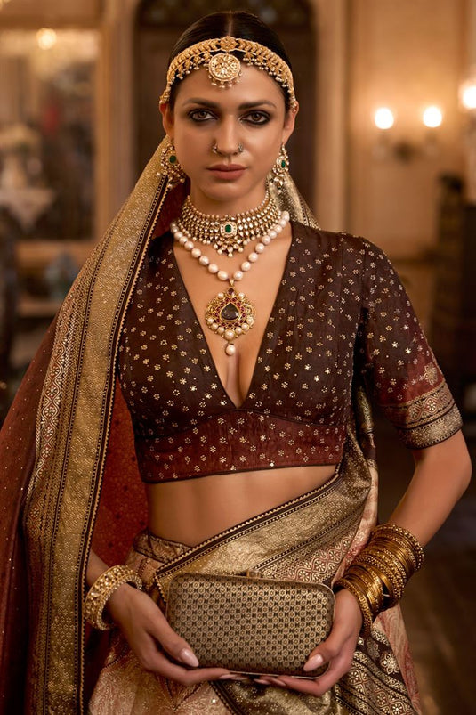 Graceful Brown Color Silk Lehenga with Intricate Mirror Detailing