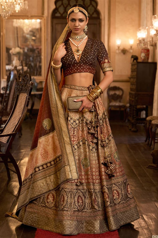 Graceful Brown Color Silk Lehenga with Intricate Mirror Detailing