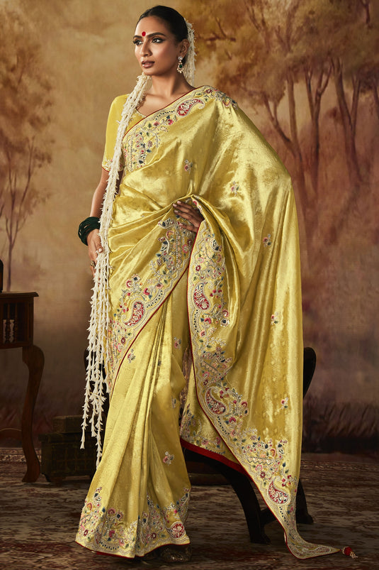 Yellow Color Exquisite Embroidery Work Banarasi Kanjivaram Saree