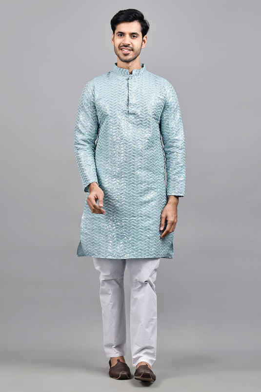 Appealing Light Cyan Color Art Silk Fabric Function Wear Readymade Kurta Pyjama For Men
