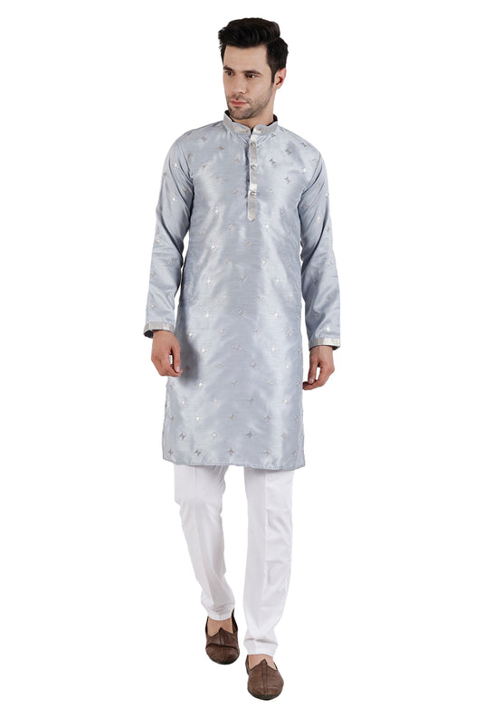 Art Silk Fabric Function Wear Pretty Grey Color Readymade Kurta Pyjama For Men