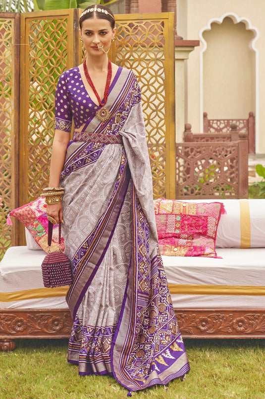 Lavender Color Printed Patola Art Silk Fabric Function Wear Saree